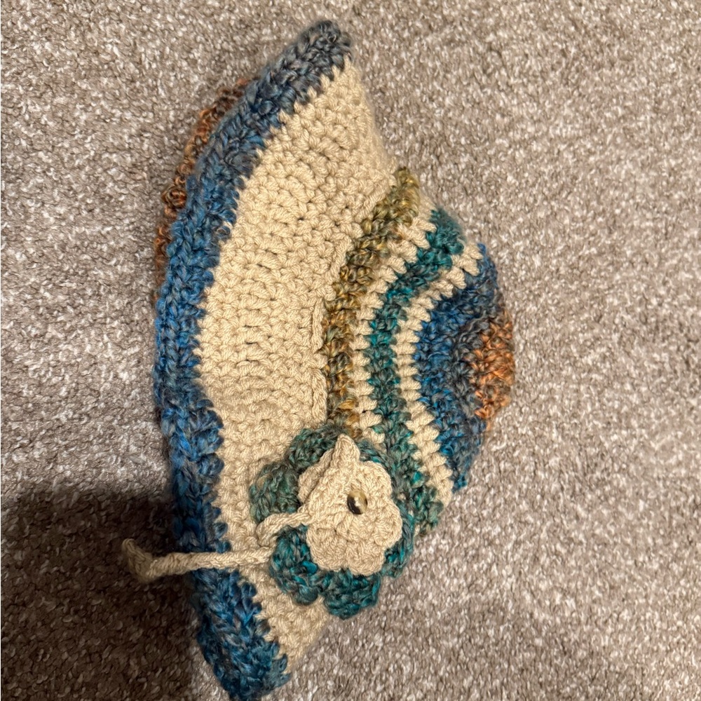 Handmade Crocheted Beret with Flower Accent - Cream & Teal